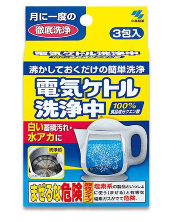 Electric kettle cleaning product packaging with Japanese text and images of a kettle and cleaning solution, Kobayashi Pot Cleaning Water Boiler