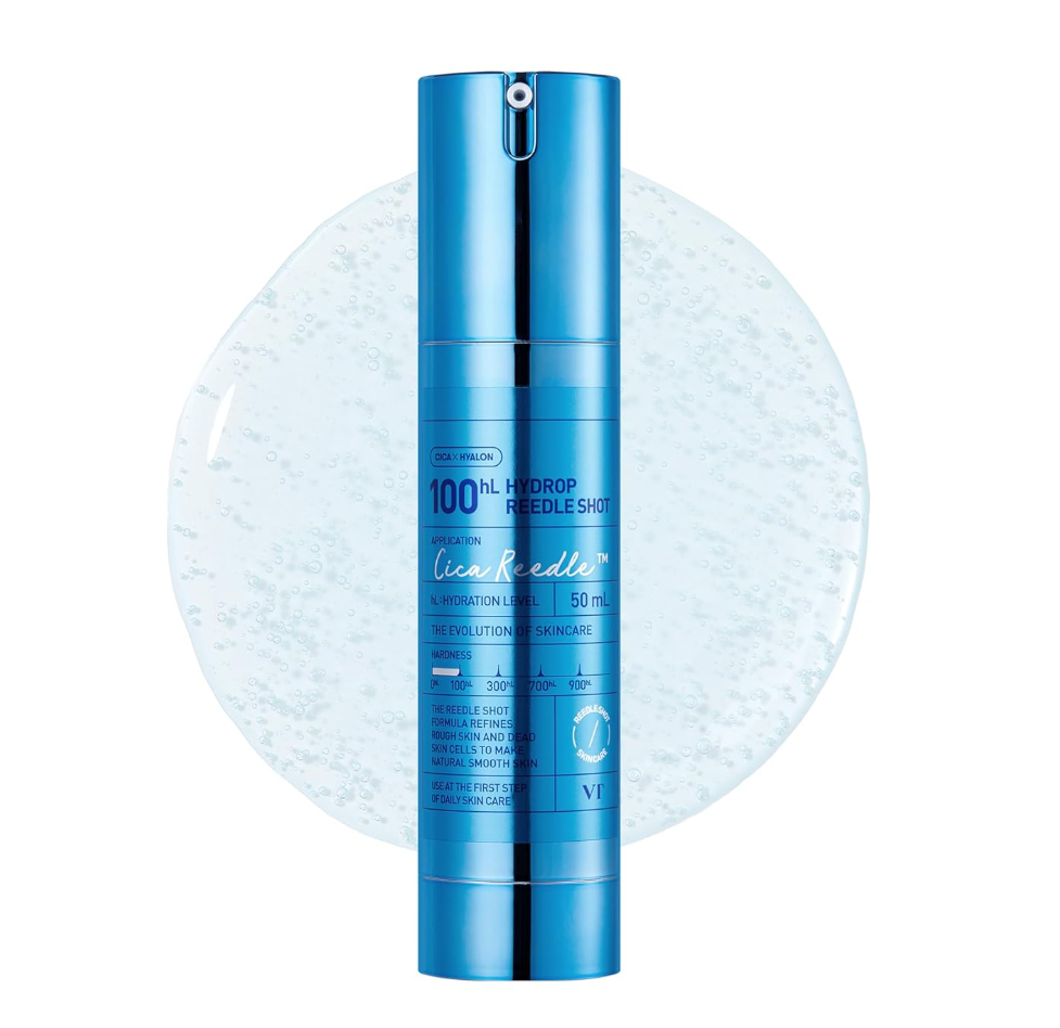 VT Hydrop Reedle Shot 100HL, Blue skincare serum bottle with brand name on a white background