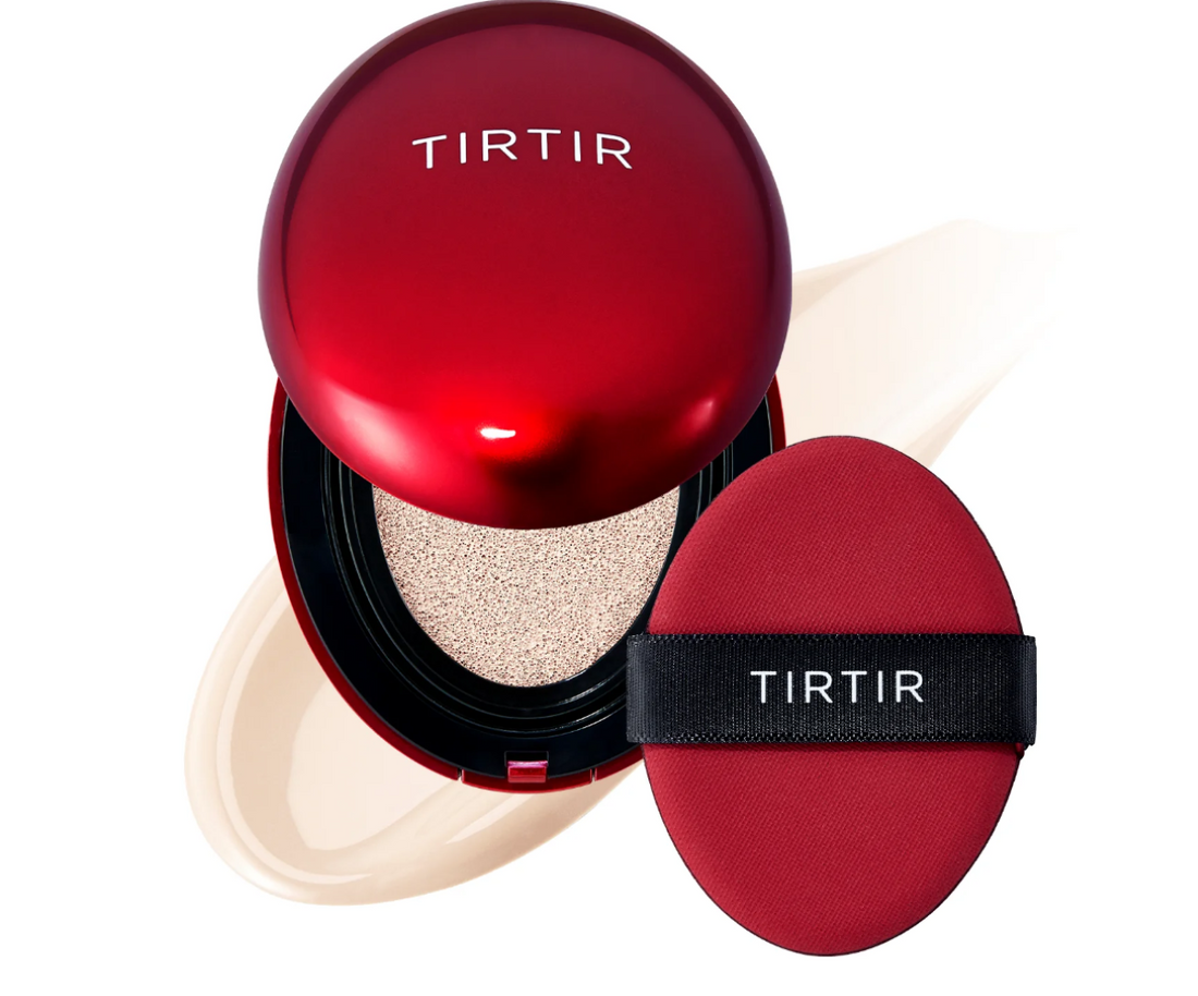 TIRTIR cosmetic compact with red lid and case on a white background