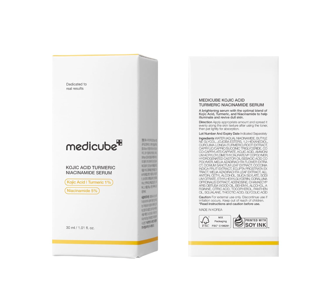 Two boxes of Medicube KOJIC ACID TURMERIC NIAZAMIDE SERUM on a white background, Medicube Kojic Acid Turmeric Niacinamide Serum 30ml