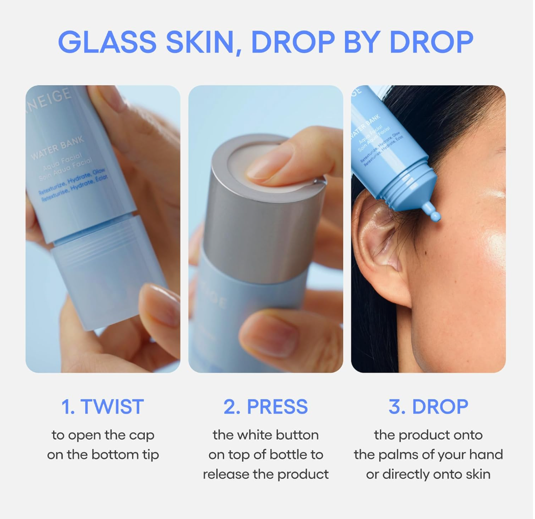 Instructions for using a skincare product with a blue bottle and dropper, Laneige Water Bank Aqua Facial Serum 30ml