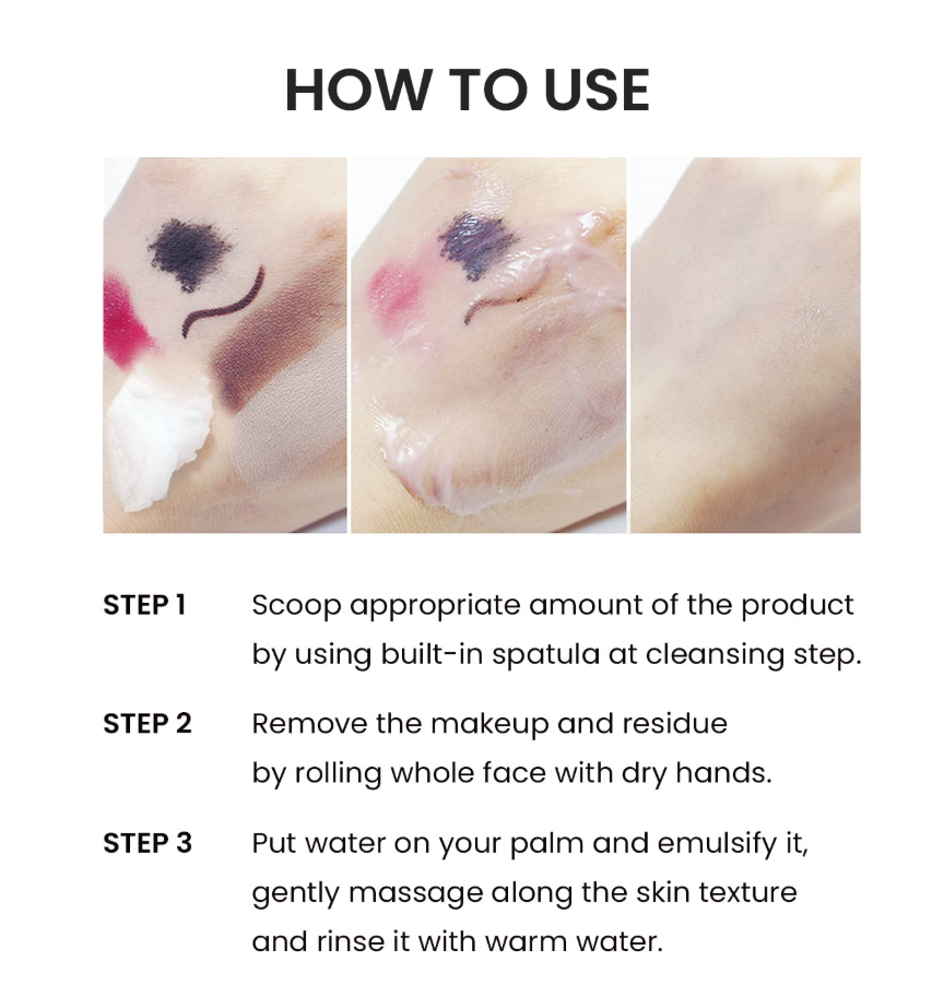 Instructions on how to use a skincare product with step-by-step guide and images of application, Heimish All Clean Balm 120ml