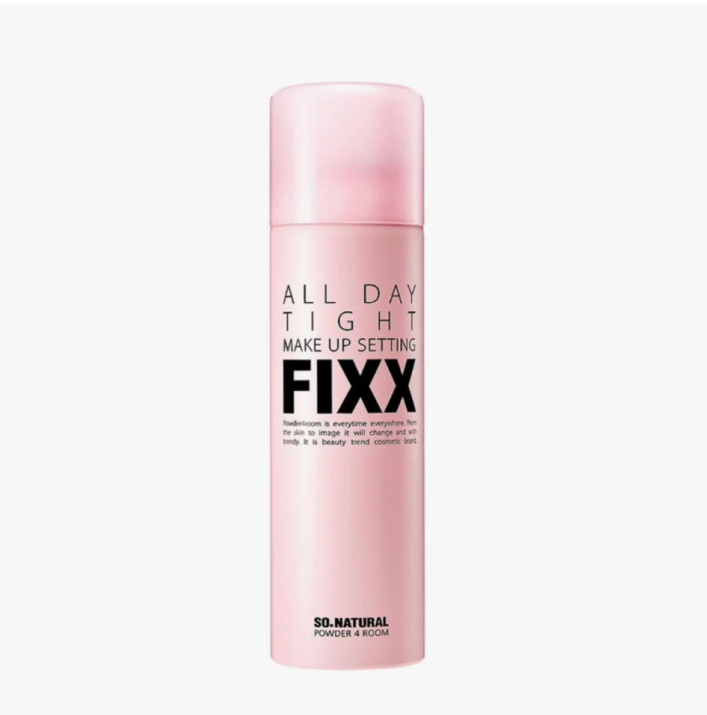 A pink cylindrical bottle of SO. NATURAL FIXX All Day Tight Make Up Setting powder, shown against a plain light gray background. So.Natural Powder4room All Day Tight Make Up Setting Fixx 75ml