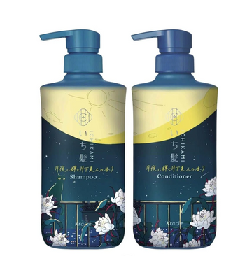 Shampoo and conditioner bottles with floral design on a white background, KRACIE ICHIKAMI Shining in the Moonlight 