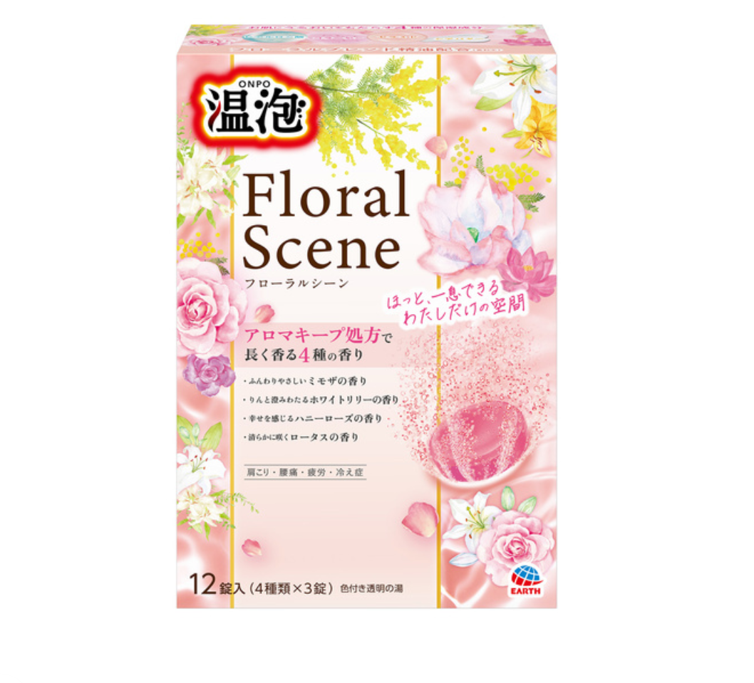 A box of ONO Oto Floral Scene Aromacide perfume powder, featuring a pink floral design with illustrations of roses, lilies, and a pink powder bottle, on a white background. Earth ONPO Floral Scene Bath Tablet 12pcs