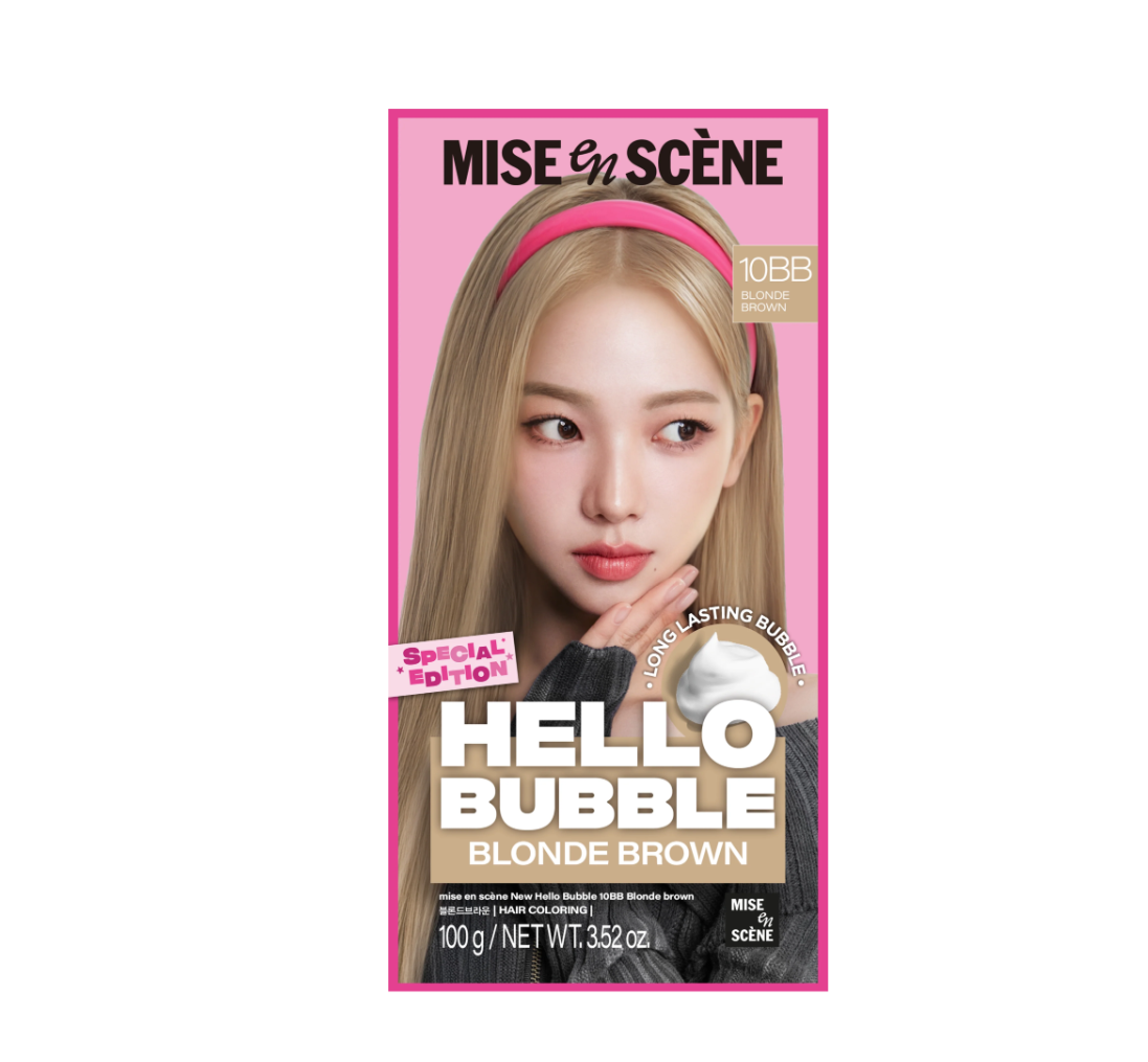 Mise en Scène Hello Bubble Blonde Brown hair dye packaging, featuring a model with blonde hair and a pink headband on a pink background. Hello Bubble Ash Beige 10BB