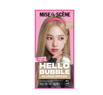 Mise en Scène Hello Bubble Blonde Brown hair dye packaging, featuring a model with blonde hair and a pink headband on a pink background. Hello Bubble Ash Beige 10BB