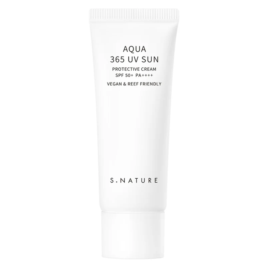 S.Nature Aqua 365 UV Sun protective cream tube on a white background, S.nature Aqua 365 UV Sun spf 50+ 40ml