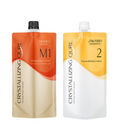Two Shiseido Professional Crystallizing Curl pouches side by side on a white background: M1 Designing Cream in orange and beige, and Step 2 Neutralizing Lotion in yellow and white. Shiseido Professional Crystallizing Qurl M1 Hair Perm Cream + Neutralizing Lotion 2 400*2