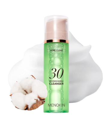 Menokin 30 Deciemis Bubble Cleanser bottle with cotton on a white background, MENOKIN Cotton Cloud Bubble Cleanser [Pore Clear] 150ml