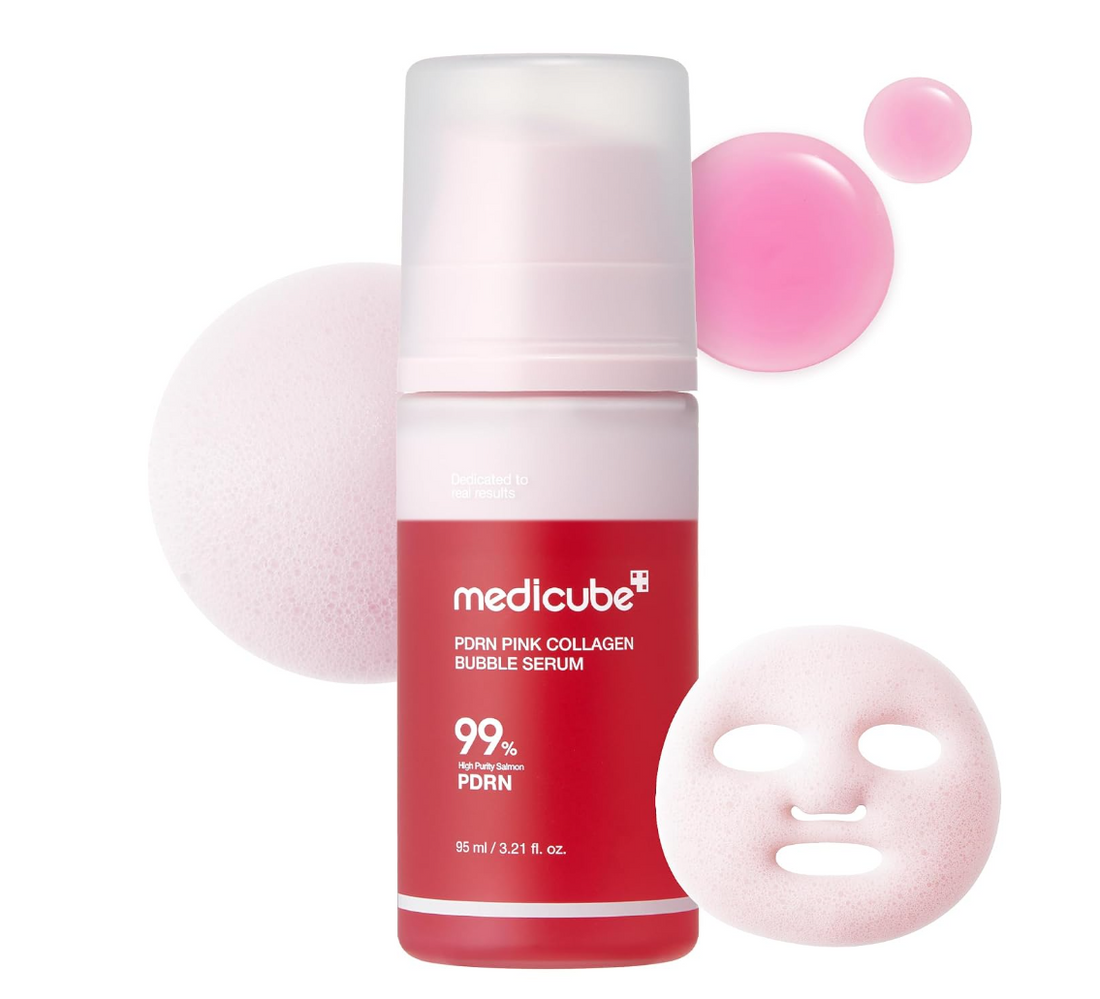 A bottle of medicube Porn Pink Collagen Bubble Serum centered on a white background, surrounded by pink cosmetic graphics including a sheet mask, bubbles, and liquid droplets, Medicube PDRN Pink Collagen Bubble Serum 95ml