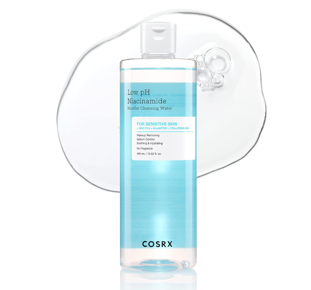 Cosrx skincare product with blue label on a white background, COSRX Low pH Niacinamide Micellar Cleansing Water 400ml