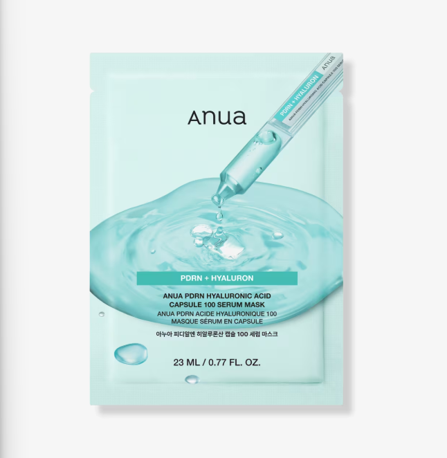 Anua PDRN + Hyaluron serum mask packaging with dropper on a light blue background， Anua PDRN Hyaluronic Acid Capsule 100 Serum Mask 5 pcs