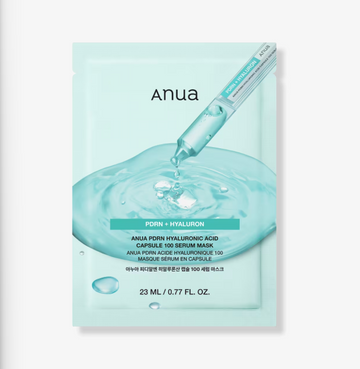 Anua PDRN + Hyaluron serum mask packaging with dropper on a light blue background， Anua PDRN Hyaluronic Acid Capsule 100 Serum Mask 5 pcs