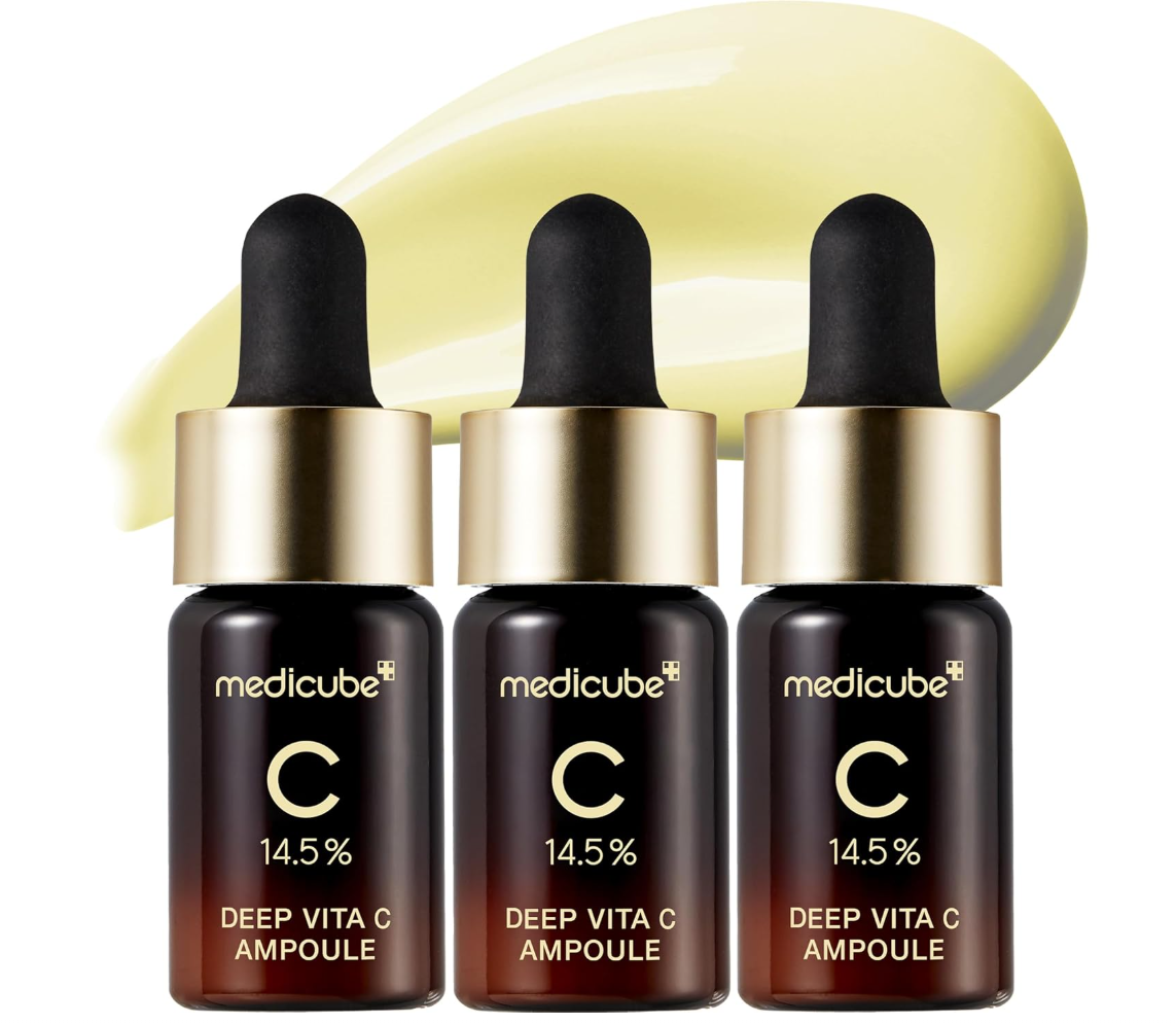 Three bottles of Medicube Deep Vita C Ampoule with a dropper on a white background, Medicube Deep Vita C Ampoule 2.0 30g
