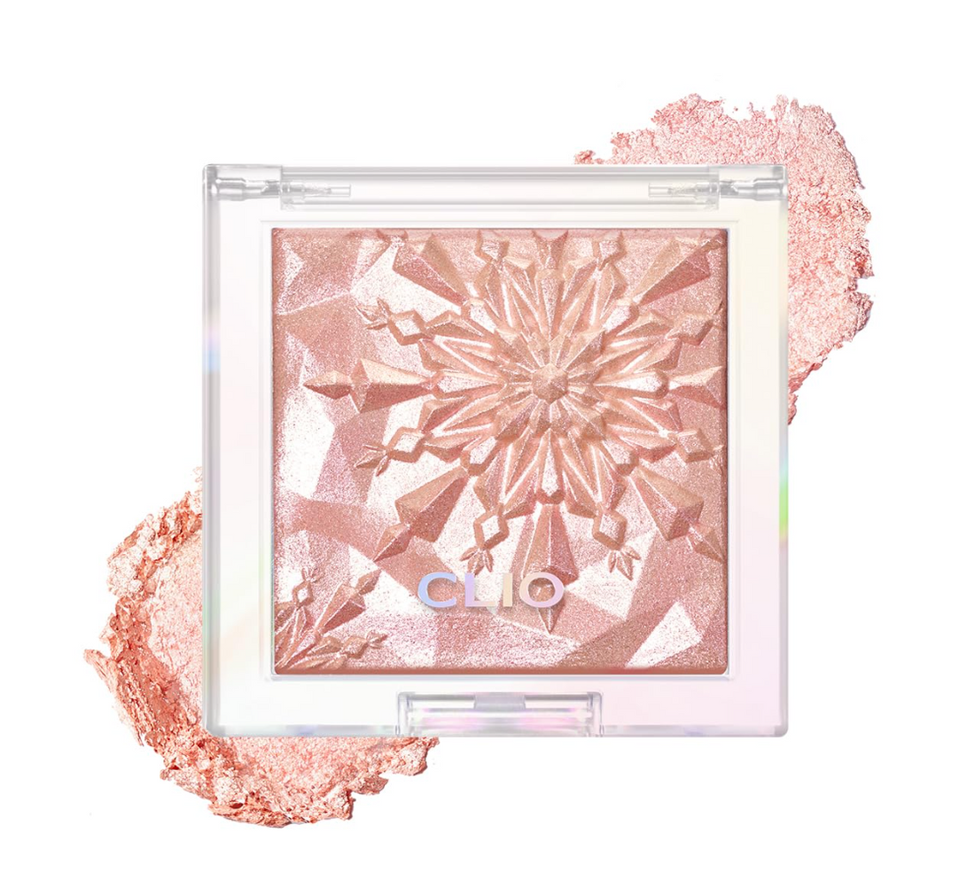 Makeup product with geometric design and pink color on a white background, Clio Peism Highlighter 2 Fairy Pink 8g