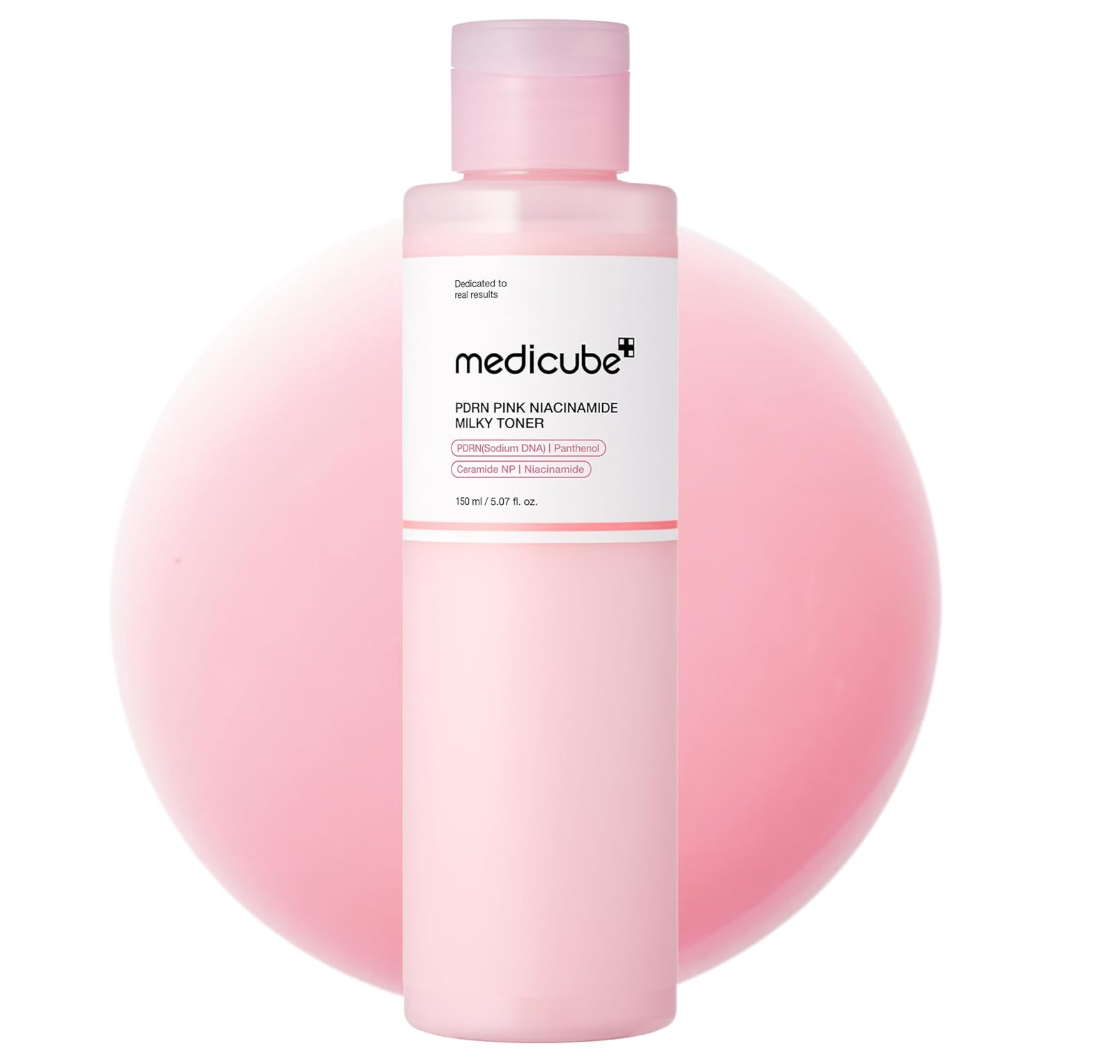 Pink bottle of Medicube toner with a white label on a white background, Medicube PDRN Pink Niacinamide Milky Toner 150ml