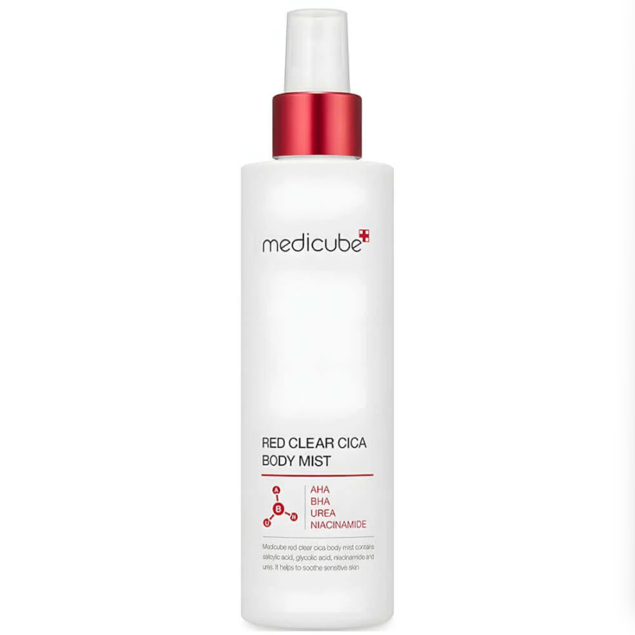 A white bottle of medicube Red Clear Cica Body Mist with a metallic red spray collar and a white pump, shown on a plain white background, Medicube Red Clear Cica Body Mist 200ml