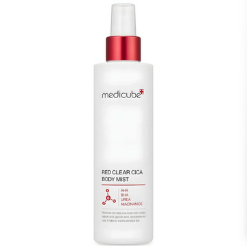 A white bottle of medicube Red Clear Cica Body Mist with a metallic red spray collar and a white pump, shown on a plain white background, Medicube Red Clear Cica Body Mist 200ml