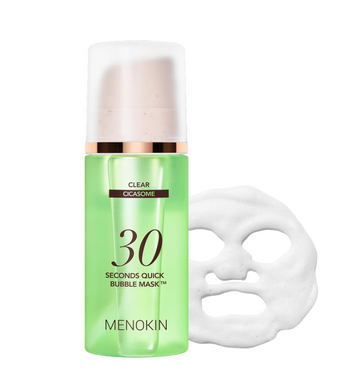 Menokin 30 Seconds Quick Bubble Mask with a green bottle and white face mask applicator on a white background, MENOKIN 30 Seconds Quick Bubble Mask CLEAR Cicasome 95ml