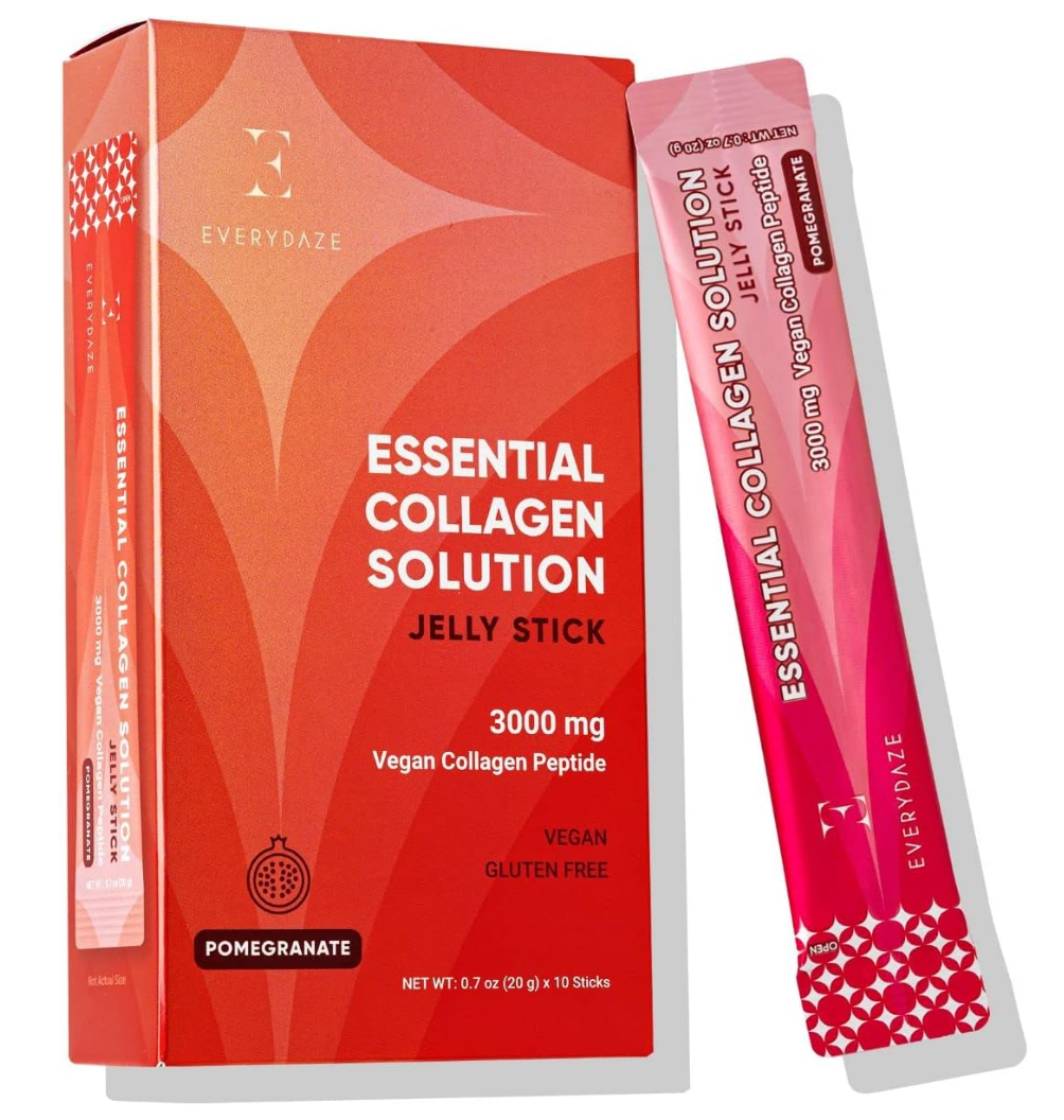 Nutrition facts label for a product with serving size, calories, and nutritional content details. EVERYDAZE Essential Collagen Solution Jelly Stick Pomegranate 10 sticks