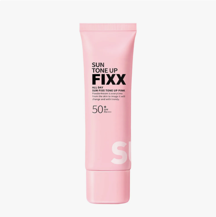 A pink squeeze tube of FIXX Sun Tone Up All Day SPF 50+ sunscreen, shown against a plain white background. So.Natural All Day Sun Fixx Tone Up Pink SPF50+ PA++++ 50ml