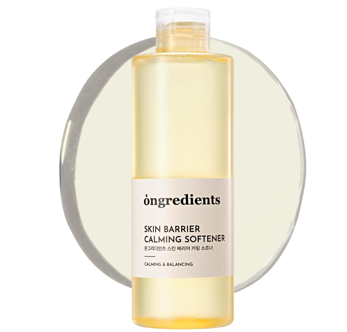 Skincare bottle labeled 'ingredients' with a white label on a light background, ONGREDIENTS Skin Barrier Calming Softener 250ml