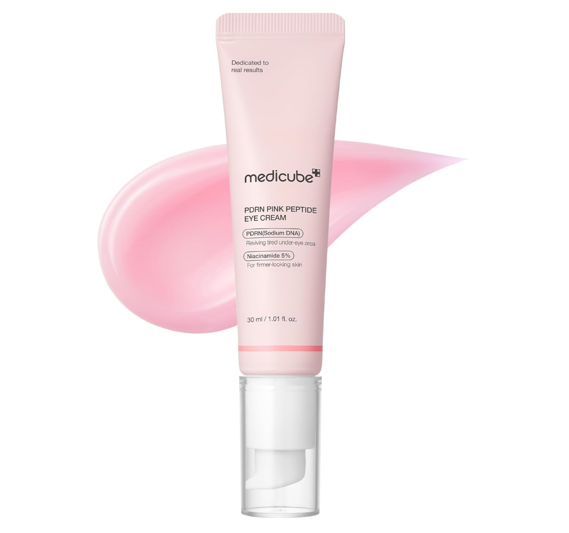 Medicube eye cream tube with pink cream swatch on a white background, Medicube PDRN Pink Peptide Eye Cream 30ml