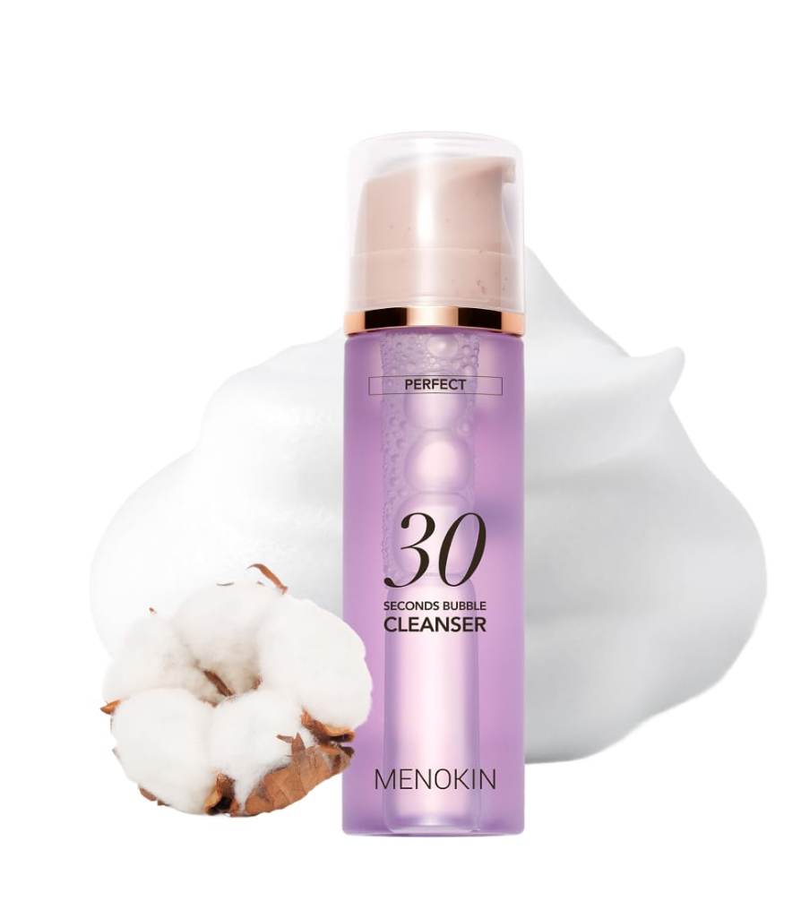 Purple bottle of Menokin 30-second bubble cleanser with cotton fibers on a white background, MENOKIN Cotton Cloud Bubble Cleanser [Perfect] 150ml