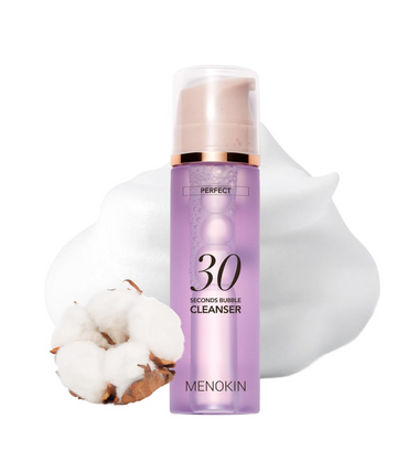 Purple bottle of Menokin 30-second bubble cleanser with cotton fibers on a white background, MENOKIN Cotton Cloud Bubble Cleanser [Perfect] 150ml