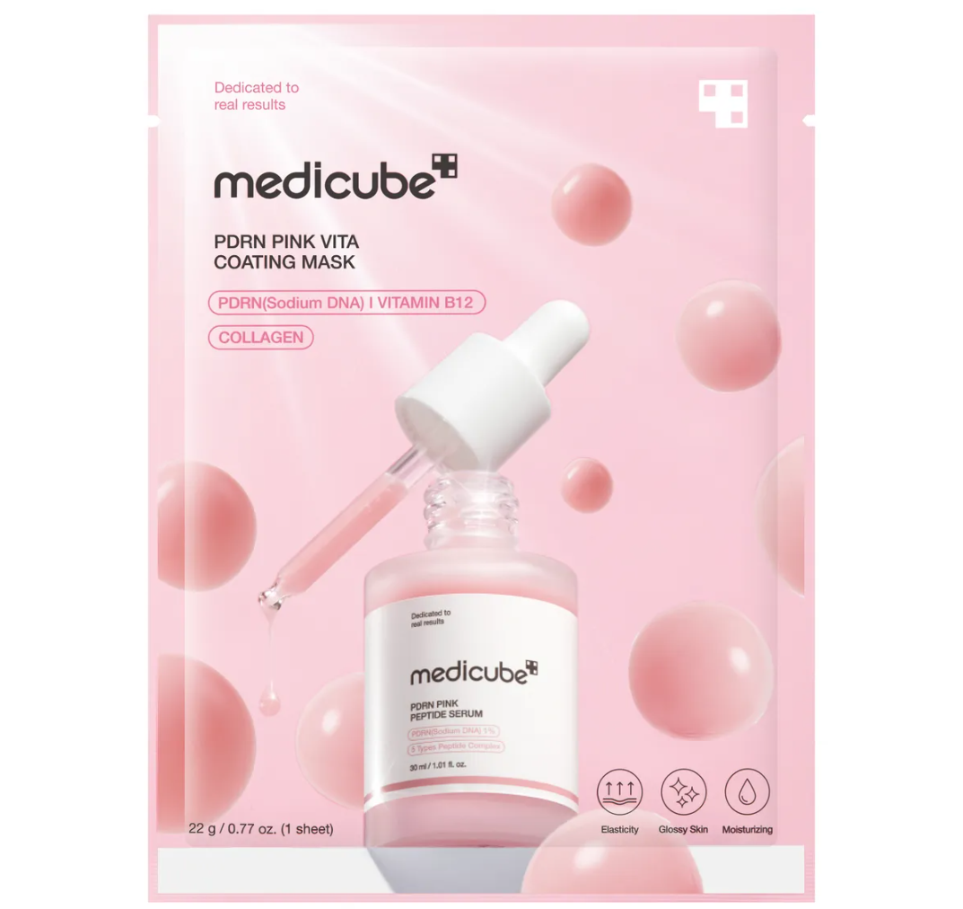 Medicube PDRN Pink Vita Coating Mask packaging with a dropper bottle on a pink background, Medicube PDRN Pink Vita Coating Mask 22g