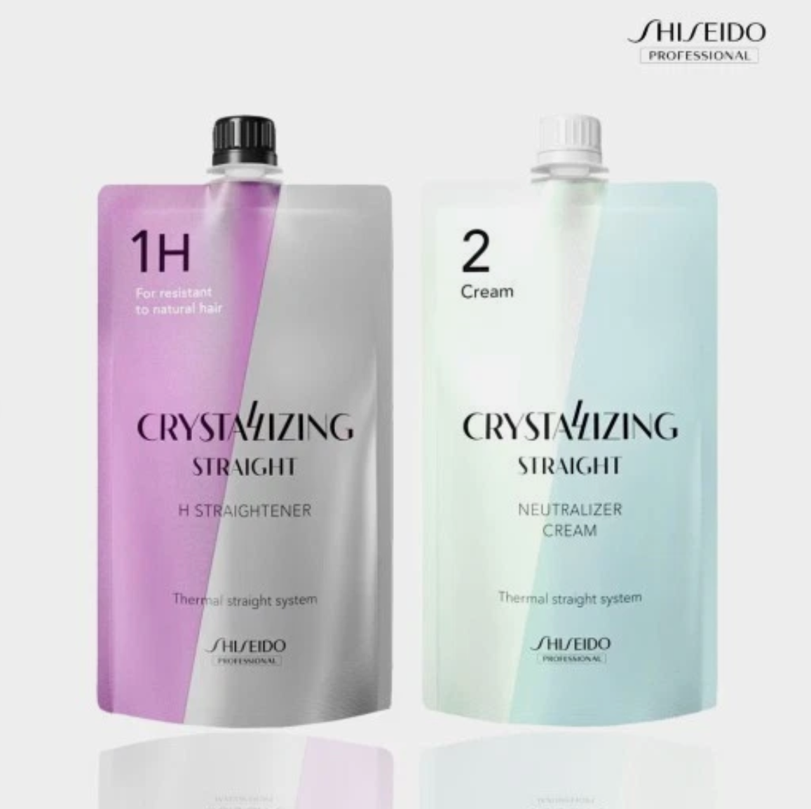 Shiseido Crystalizing Straight hair care products on a white background, SHISEIDO Crystallizing Straight H Straightener 1H+2