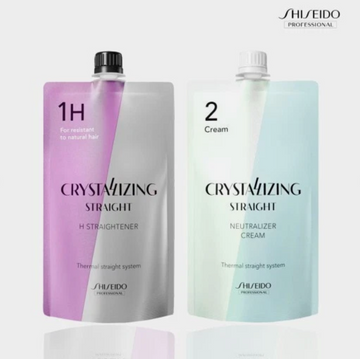 Shiseido Crystalizing Straight hair care products on a white background, SHISEIDO Crystallizing Straight H Straightener 1H+2