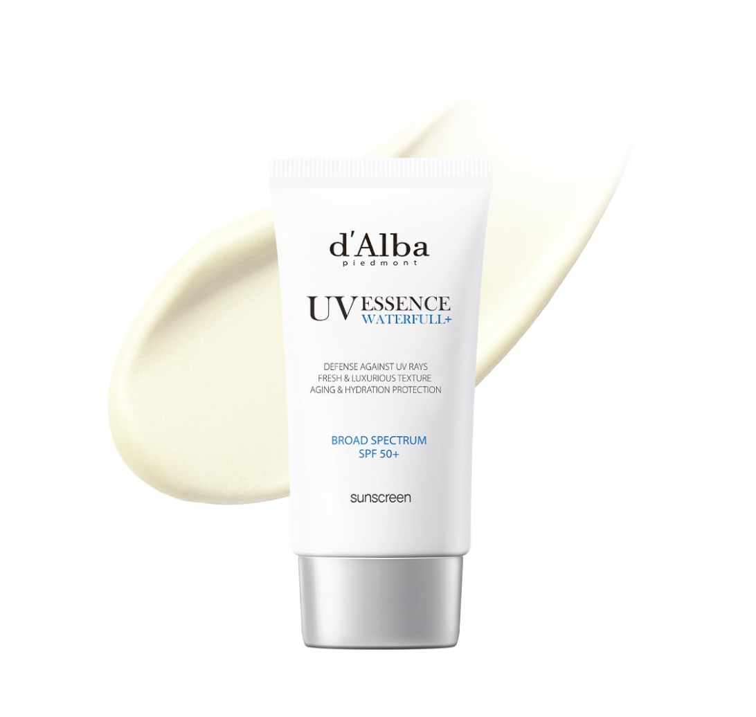 Tube of d'Alba UV Essence Waterfull sunscreen on a white background, D'Alba UV ESSENCE Waterfull+ Broad Spectrum SPF 50+ 50ml