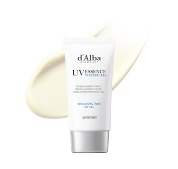 Tube of d'Alba UV Essence Waterfull sunscreen on a white background, D'Alba UV ESSENCE Waterfull+ Broad Spectrum SPF 50+ 50ml