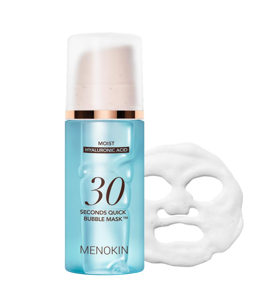 Menokin 30 Seconds Quick Bubble Mask with blue bottle and white mask on a white background, MENOKIN 30 Seconds Quick Bubble Mask MOIST Hyaluronic Acid 95ml
