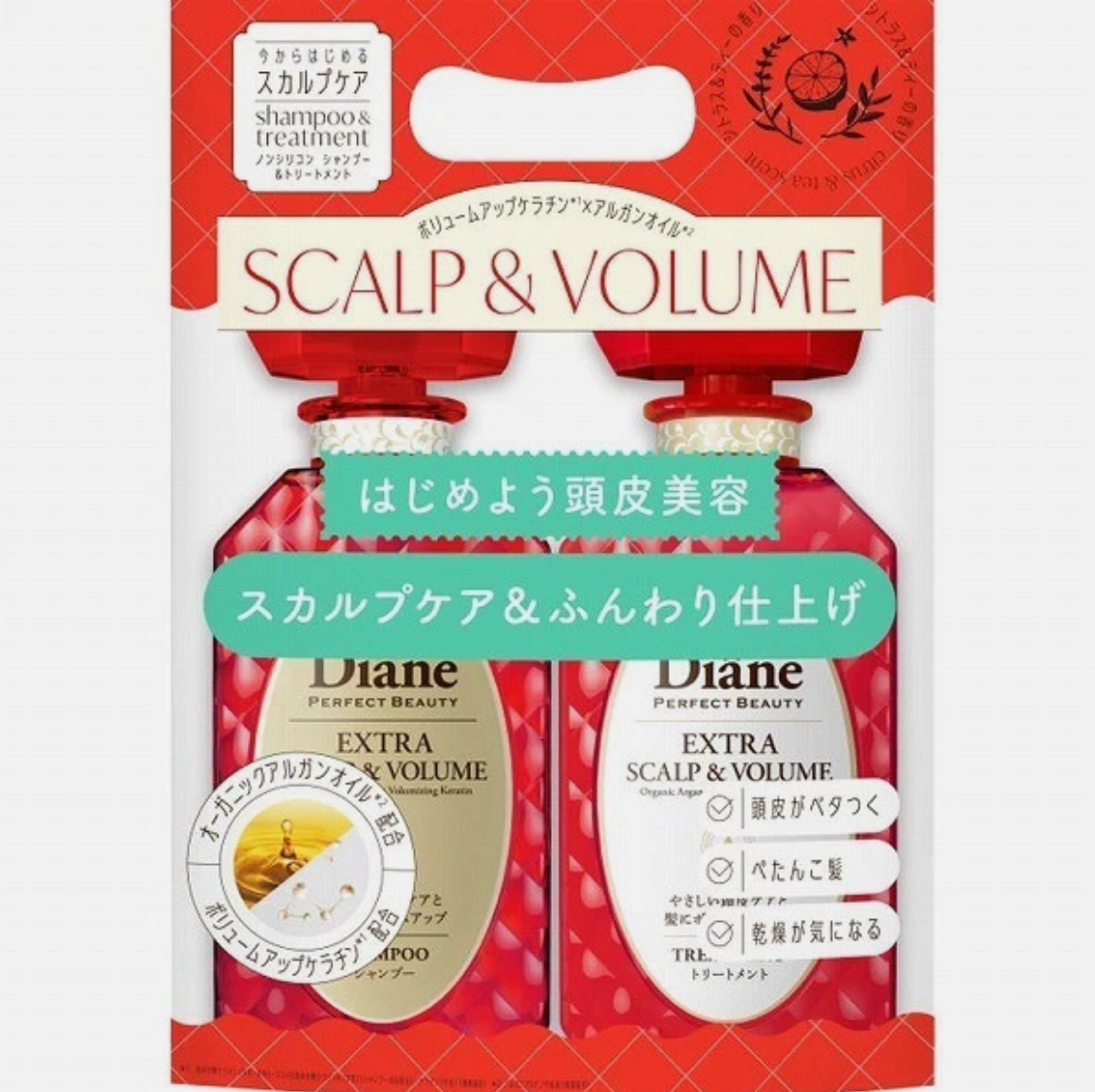 Diane Extra Scalp & Volume shampoo and treatment packaging on a red background, Diane Perfect Beauty Extra Scalp & Volume Shampoo & Treatment Set 450ml x 2