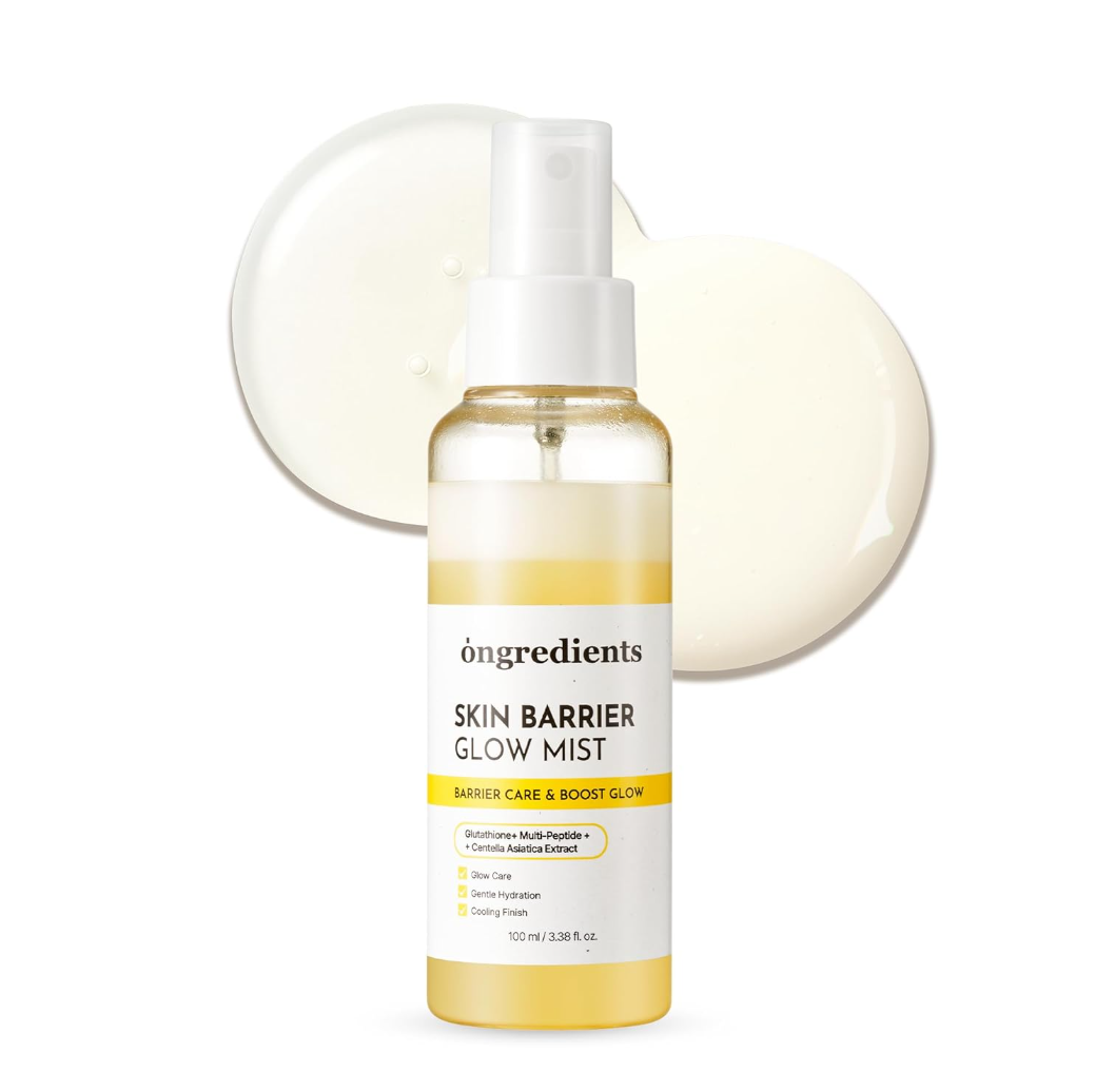 Skincare product bottle labeled 'ingredients' with a white cap on a light background, ONGREDIENTS Skin Barrier Glow Mist 100ml