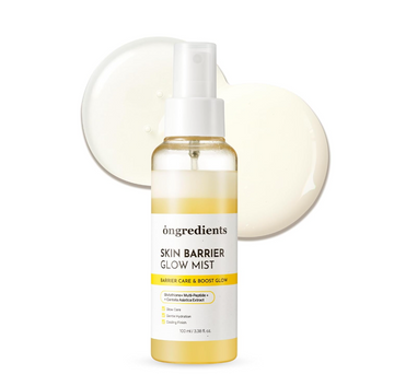 Skincare product bottle labeled 'ingredients' with a white cap on a light background, ONGREDIENTS Skin Barrier Glow Mist 100ml