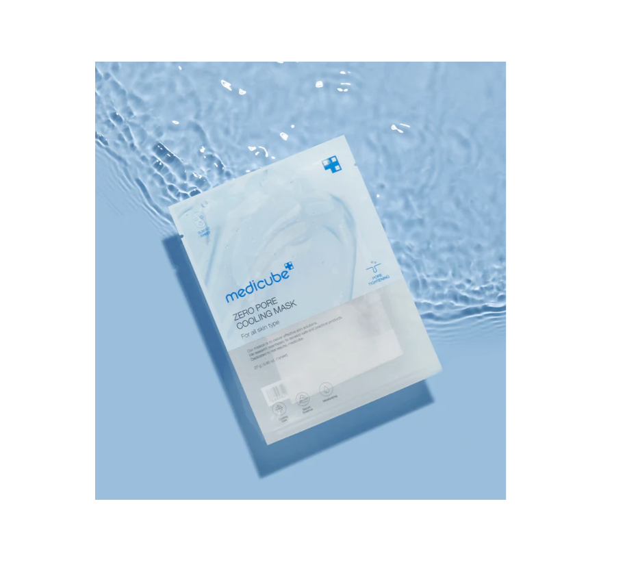 Medicube Zero Pore Cooling Mask packaging on a blue water background, Medicube Zero Pore Cooling Mask 1pc