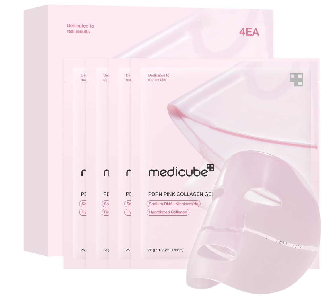 Pink collagen gel sheet with packaging on a white background, Medicube PDRN Pink Collagen Gel Mask 4pcs
