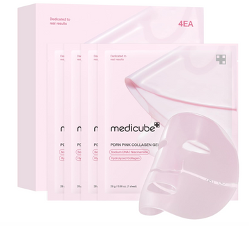 Pink collagen gel sheet with packaging on a white background, Medicube PDRN Pink Collagen Gel Mask 4pcs
