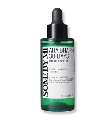 Skincare serum bottle with dropper labeled 'SOME BY MI' on a white background, Somebymi AHA.BHA.PHA 30 Days Miracle Serum 50ml
