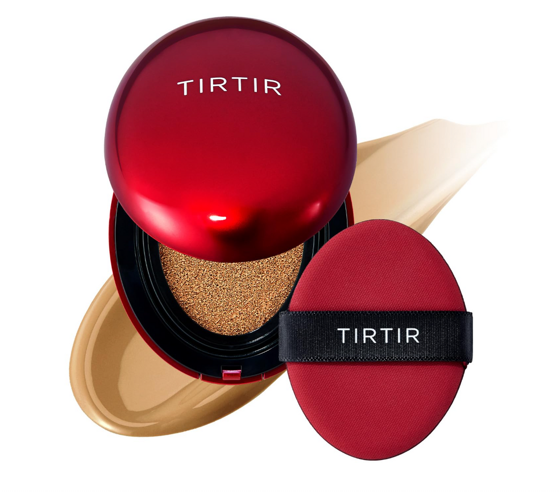 TIRTIR cosmetic compact with red lid and beige base on a white background, TIRTIR Mask Fit Red Cushion 33W Ginger 18g