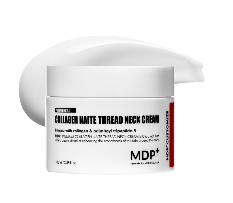 Collagen Naite Thread Neck Cream jar with white lid on a white background, Medipeel Collagen Naite Thread Neck Cream 100ml