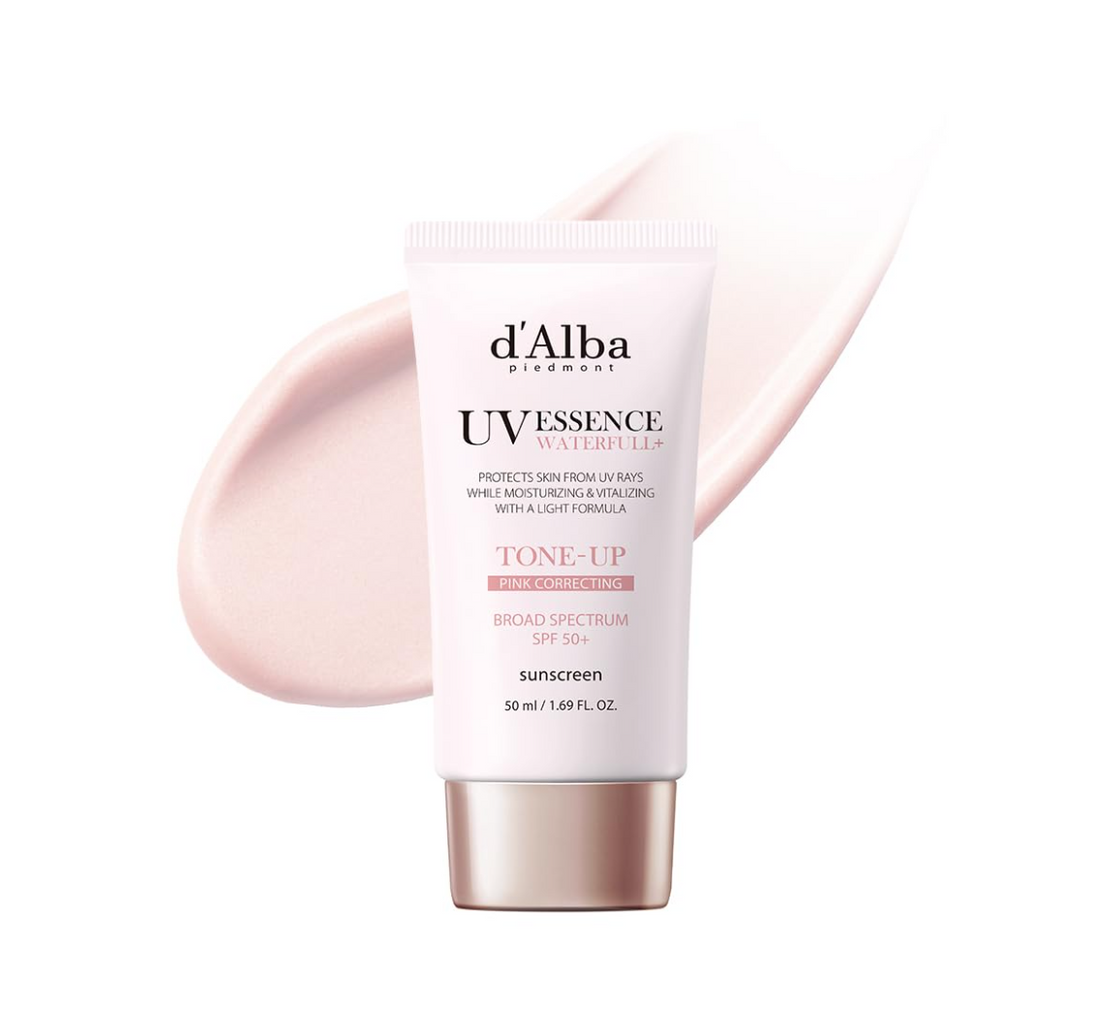 d'Alba UV Essence Tone-Up sunscreen tube on a white background, D'Alba UV Essence Waterfull+ Tone-Up Pink Correcting SPF50 Sunscreen 50ml