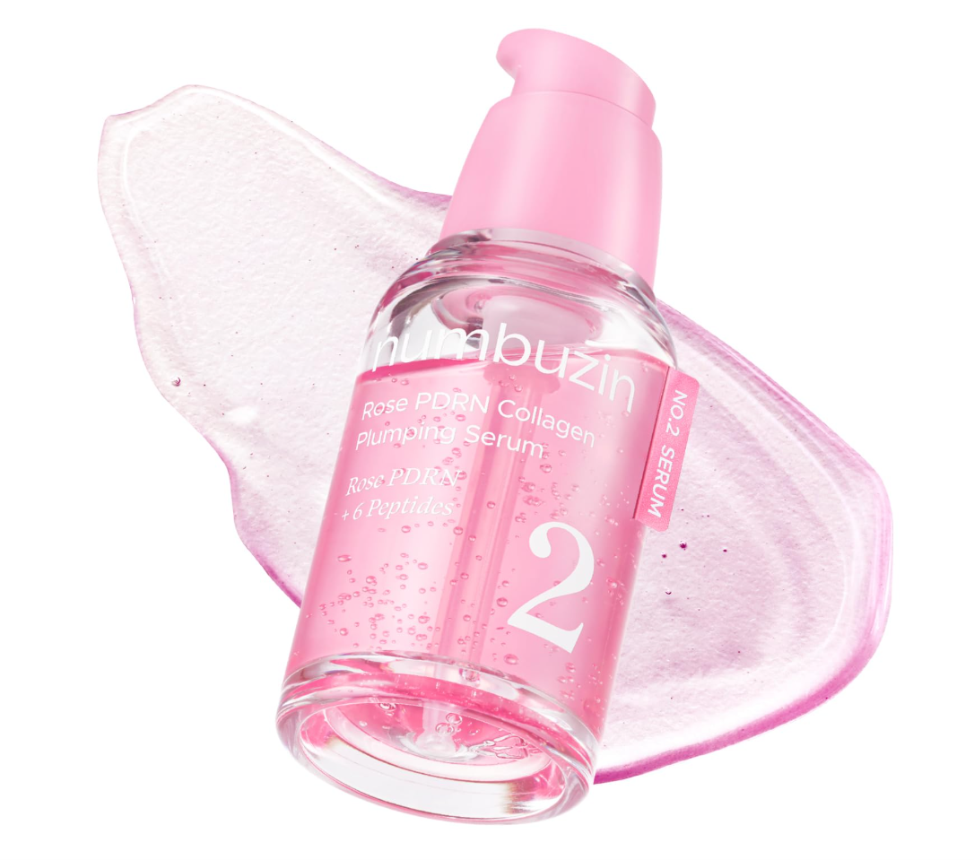 A bottle of Thumbuzin Rose Florin Collagen Plumping Serum, No. 2, shown with a pink pump dispenser and a translucent pink gel swatch behind it on a white background. Numbuzin No.2 Rose PDRN Collagen Plumping Serum 30ml
