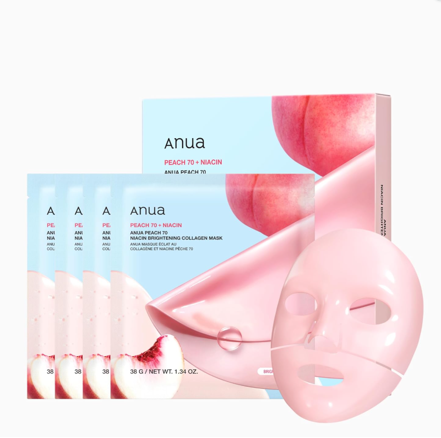 Anua peach 70 + niacin facial mask packaging with a pink mask on a white background, Anua Peach 70 Niacin Brightening Collagen Mask 4ea