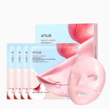 Anua peach 70 + niacin facial mask packaging with a pink mask on a white background, Anua Peach 70 Niacin Brightening Collagen Mask 4ea