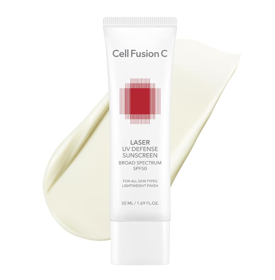 Tube of Cell Fusion C Laser UV Defense Sunscreen on a white background, CellFusionC Laser Sunscreen 50ml